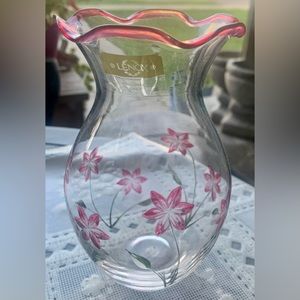LENOX NWT Etched Glass Vase Cranberry Hand Painted Pink Flowers Scalloped Rim